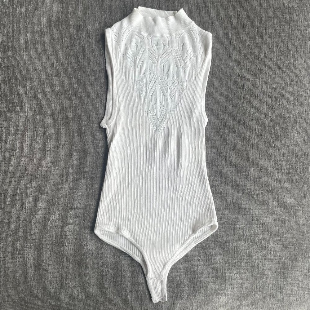 Free People White Bodysuit with Lace Detail (Size Small)